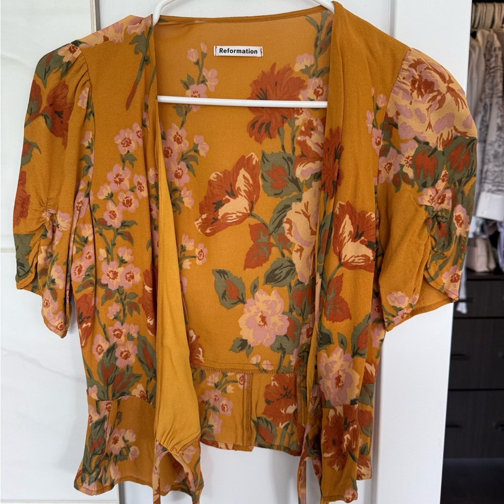 Reformation Gold Puff Sleeve Floral Blouse